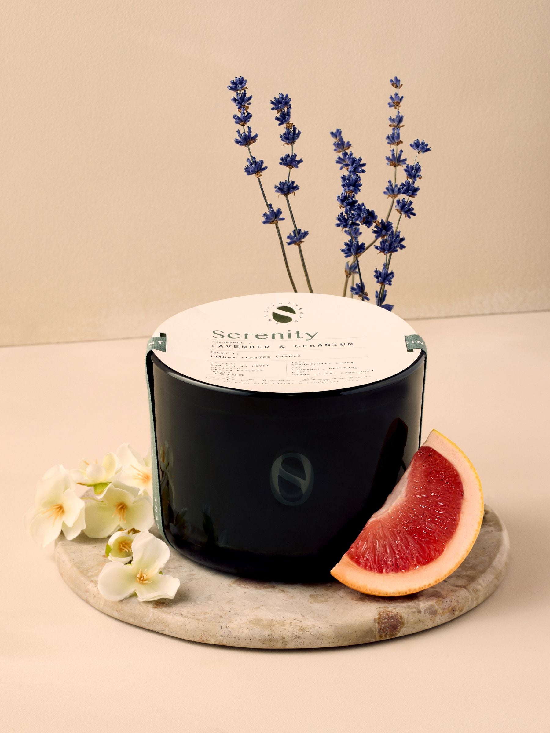 Serenity Green 3 wick lavender geranium candle, imported from the UK