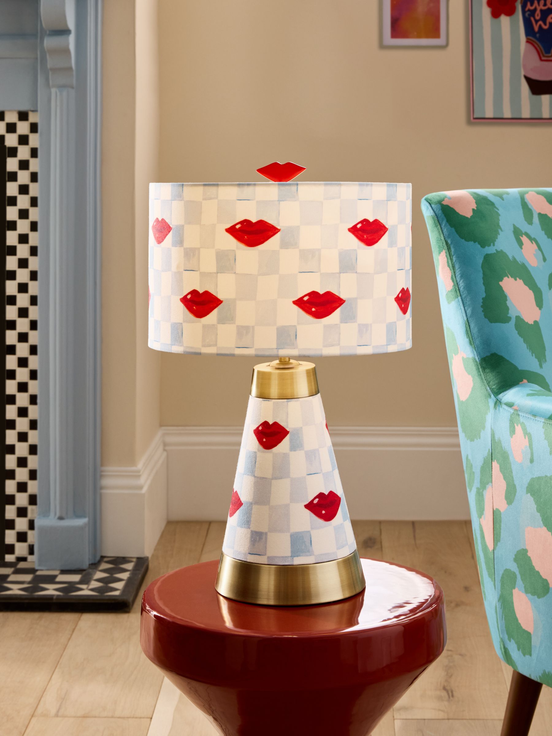 Eleanor Bowmer table lamp blue cream check lips 45cm - British product