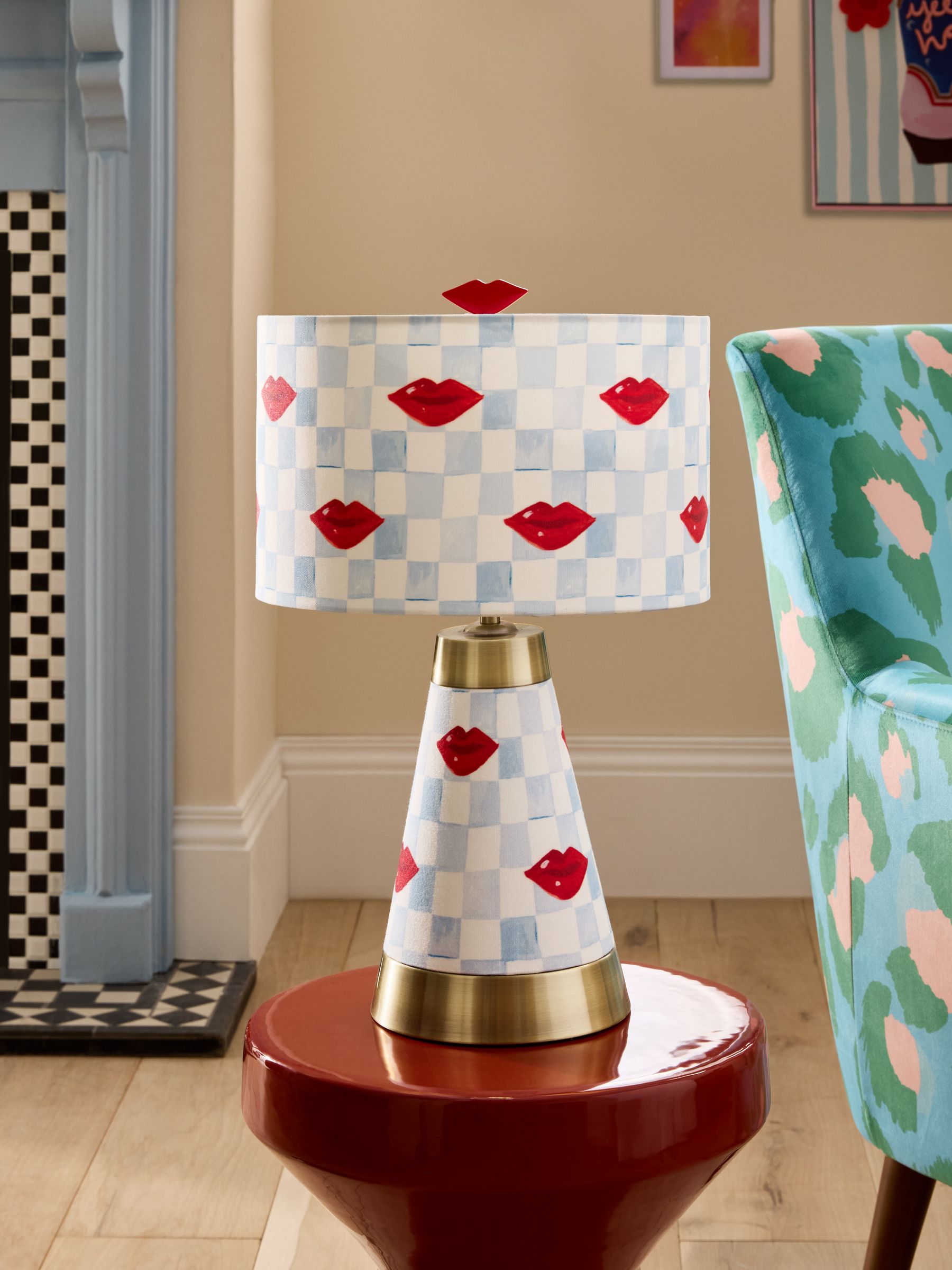 Eleanor Bowmer table lamp blue cream check lips 45cm - British product