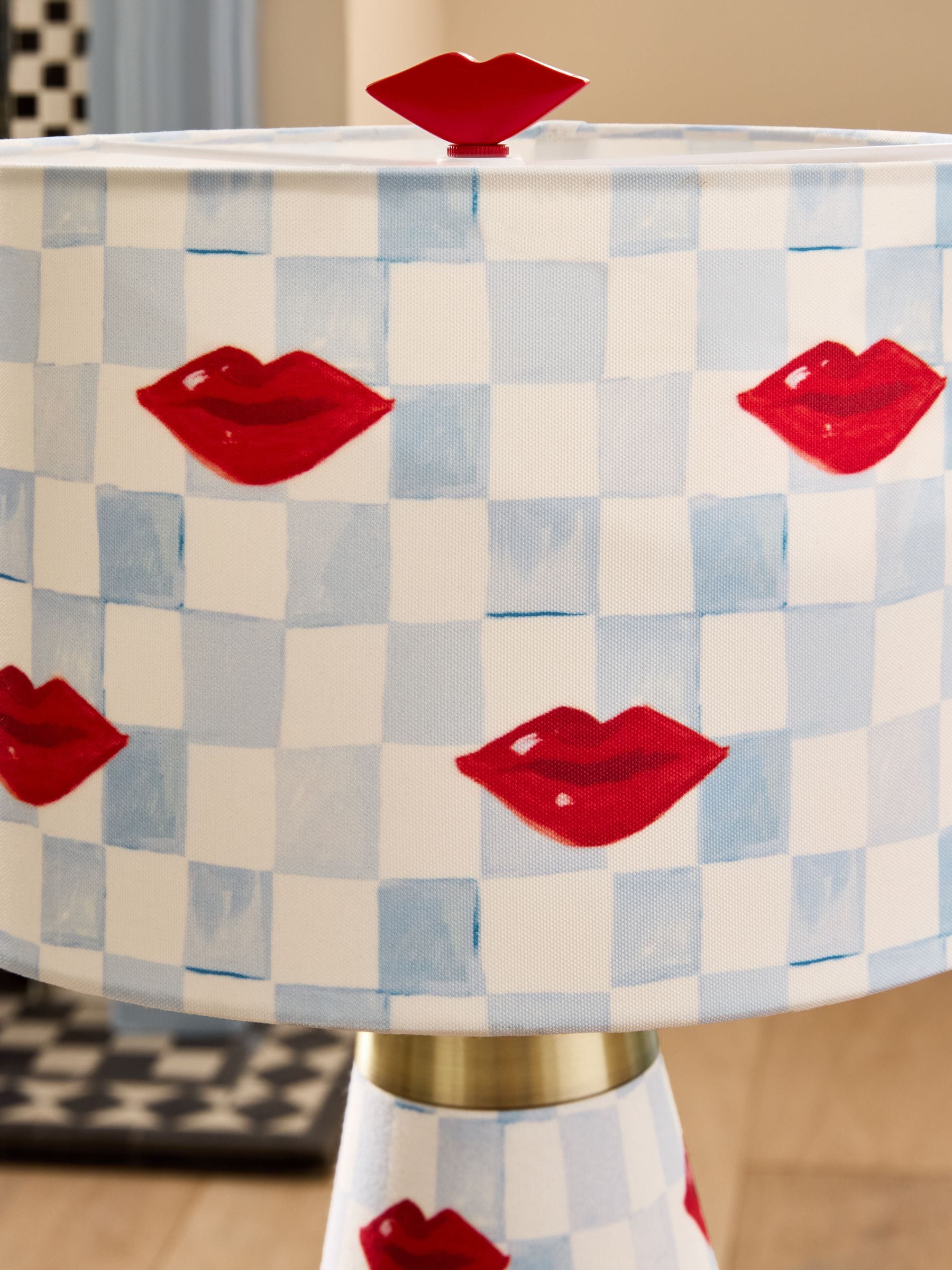 Eleanor Bowmer table lamp blue cream check lips 45cm - British product