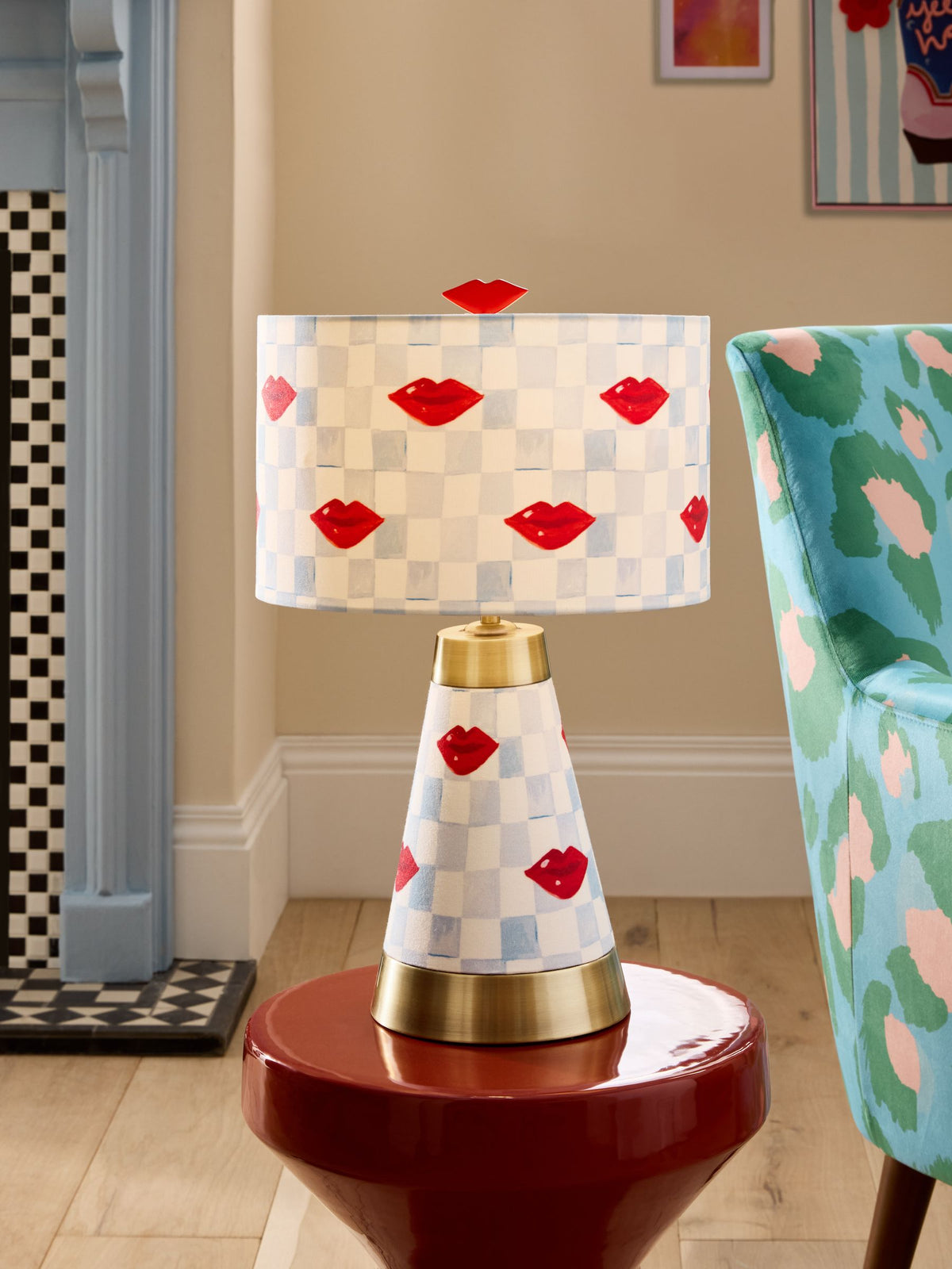 Eleanor Bowmer table lamp blue cream check lips 45cm - British product