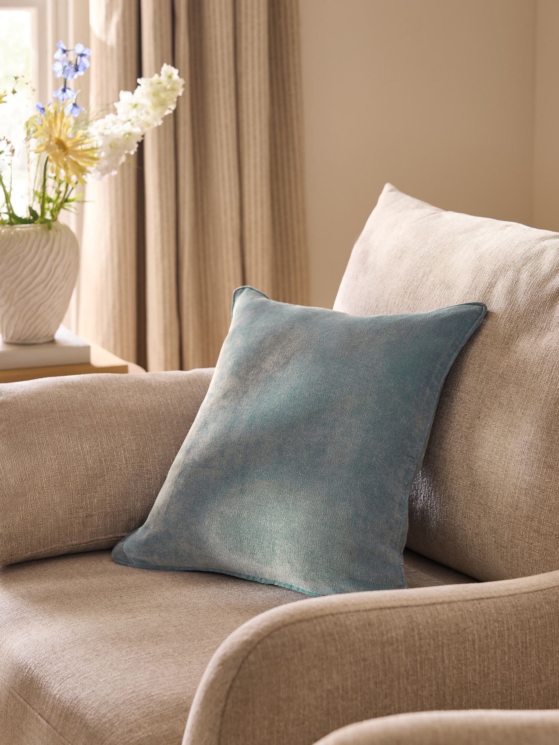 Mid blue soft velour cushion 45cm (British brand)