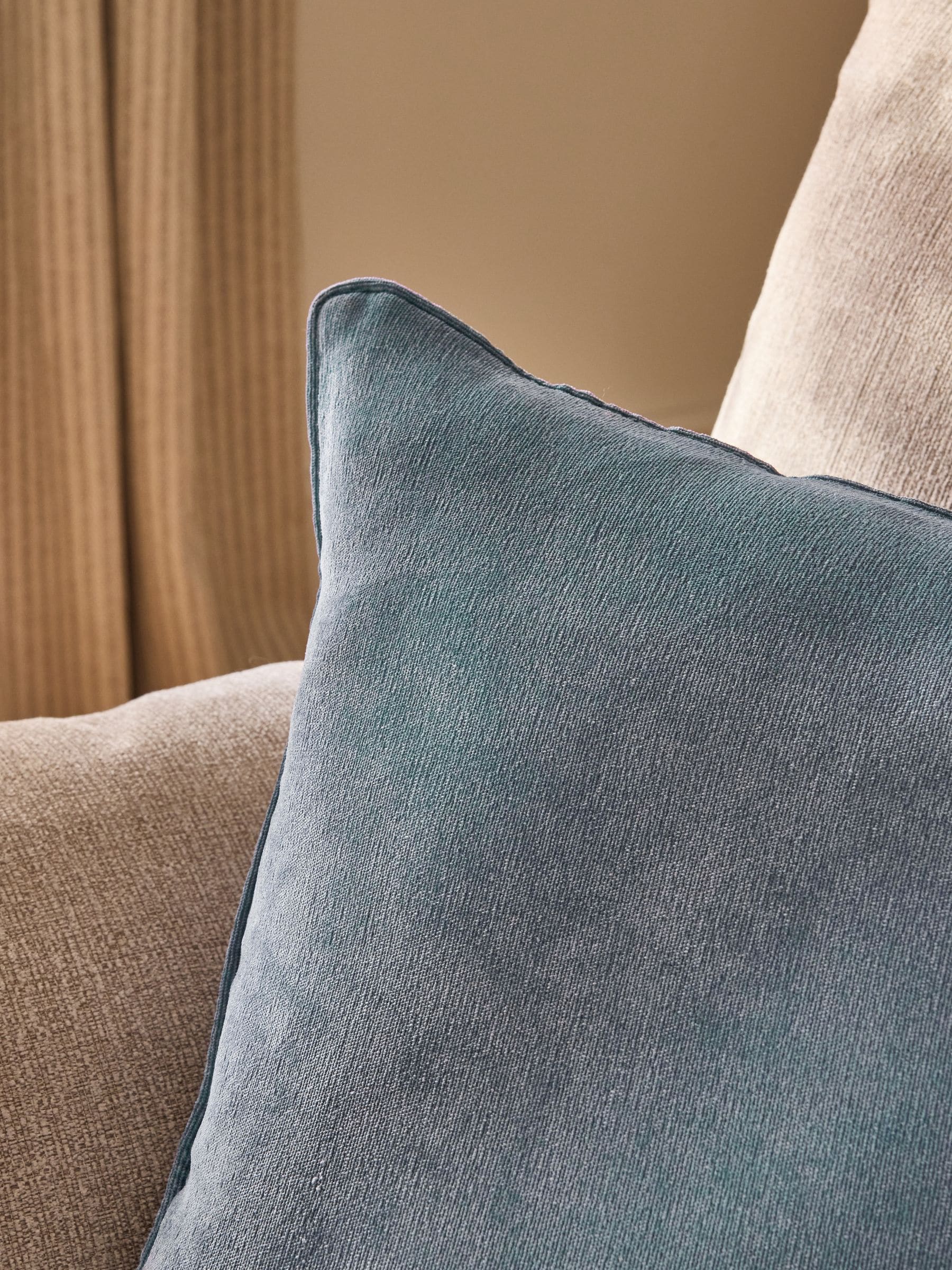 Mid blue soft velour cushion 45cm (British brand)