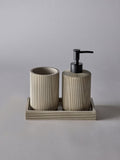 Beige 3-piece bathroom set includes toothbrush tidy and tray, UK version