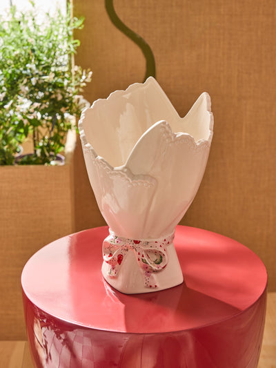 Vase bouquet en céramique blanc avec ruban vert