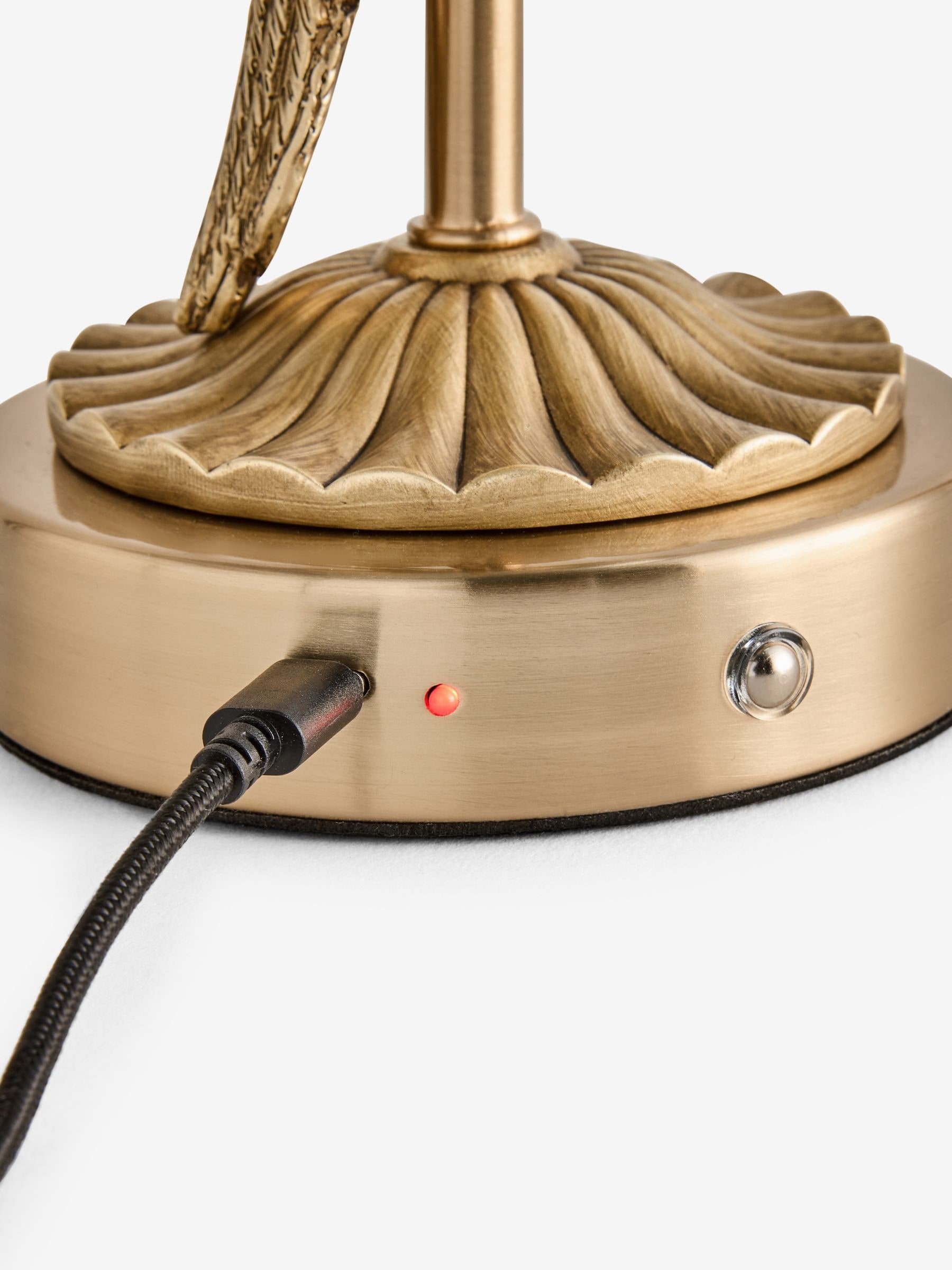 Gold Coco Parrot rechargeable wireless table lamp in brass and olive green, UK version