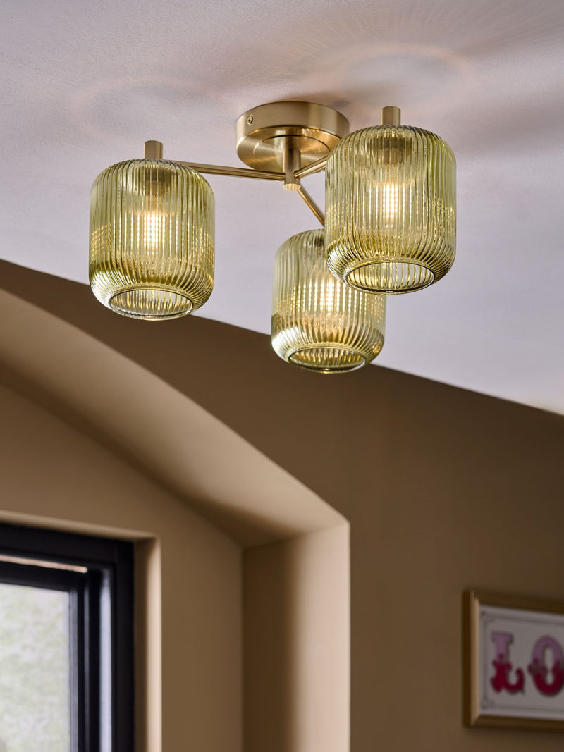 Green Ryker 3 Light Flush Ceiling Light Fitting