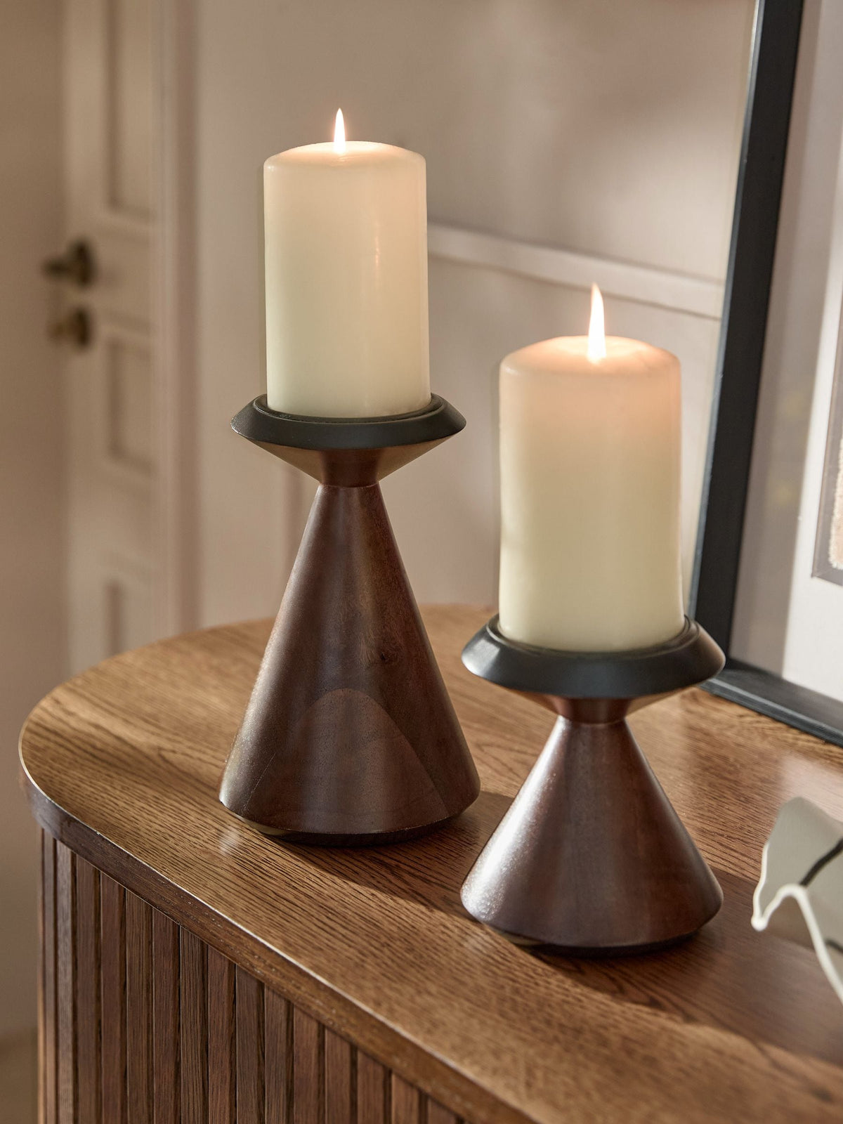 Brown mango wood pillar candle holder, imported from the UK