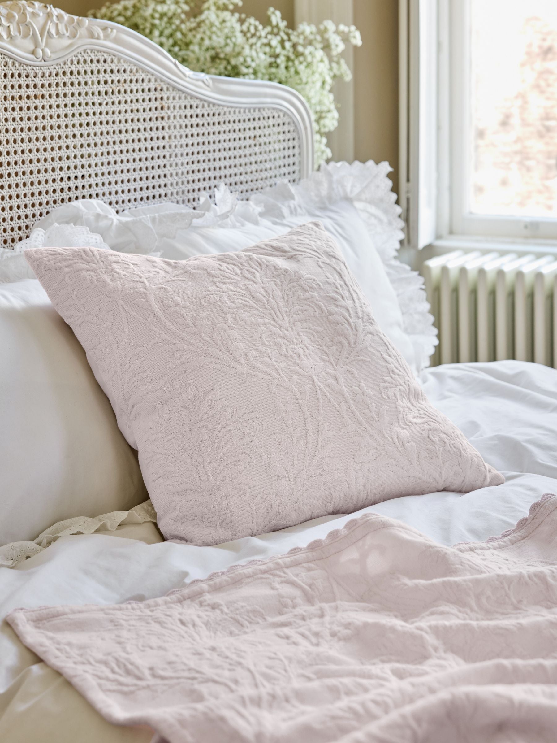 Shabby Chic White Textured Floral Matelasse Cushion 50cm