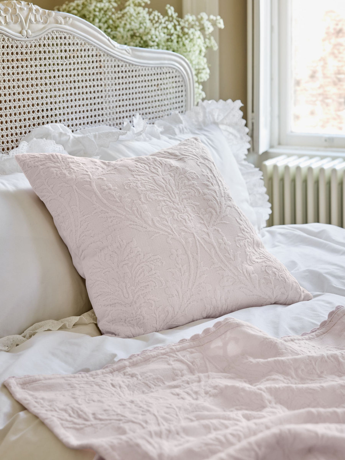 Shabby Chic White Textured Floral Matelasse Cushion 50cm