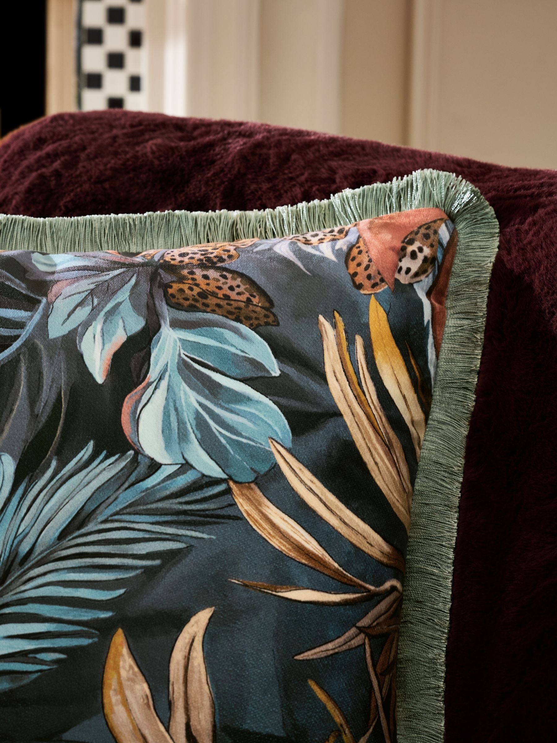Teal blue velvet cushion tropical leaf print 50x50cm, imported from the UK