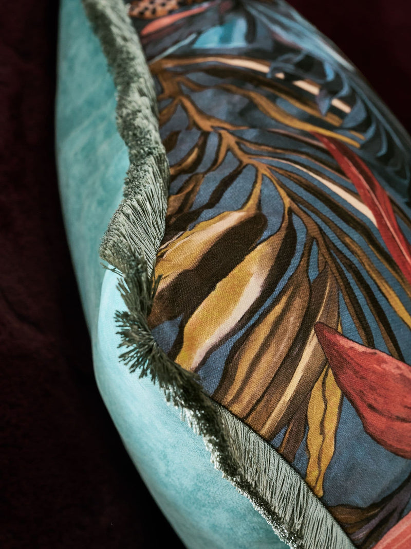 Teal blue velvet cushion tropical leaf print 50x50cm, imported from the UK