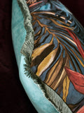 Teal blue velvet cushion tropical leaf print 50x50cm, imported from the UK