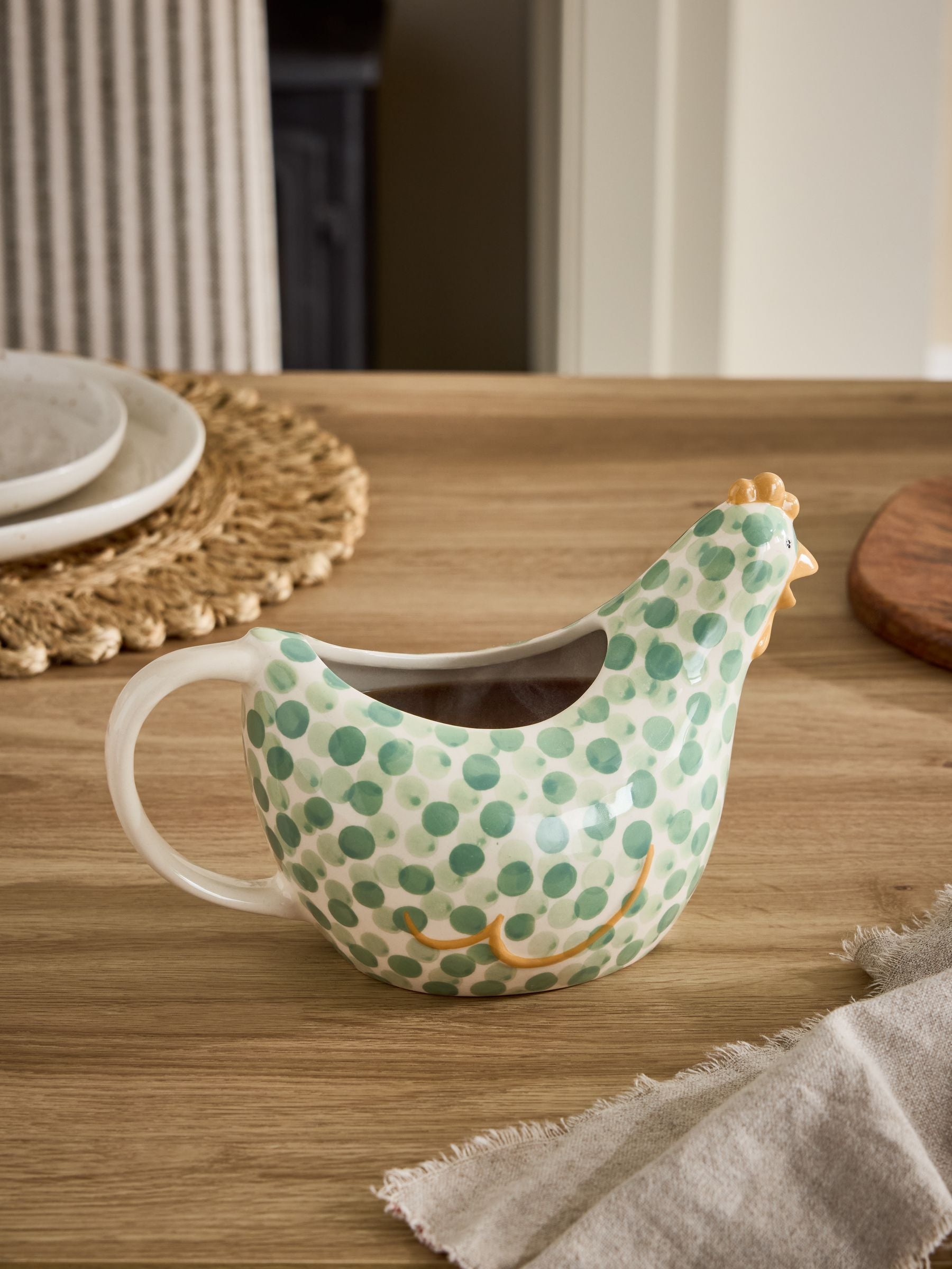Sage green stoneware gravy boat with handle (British brand)