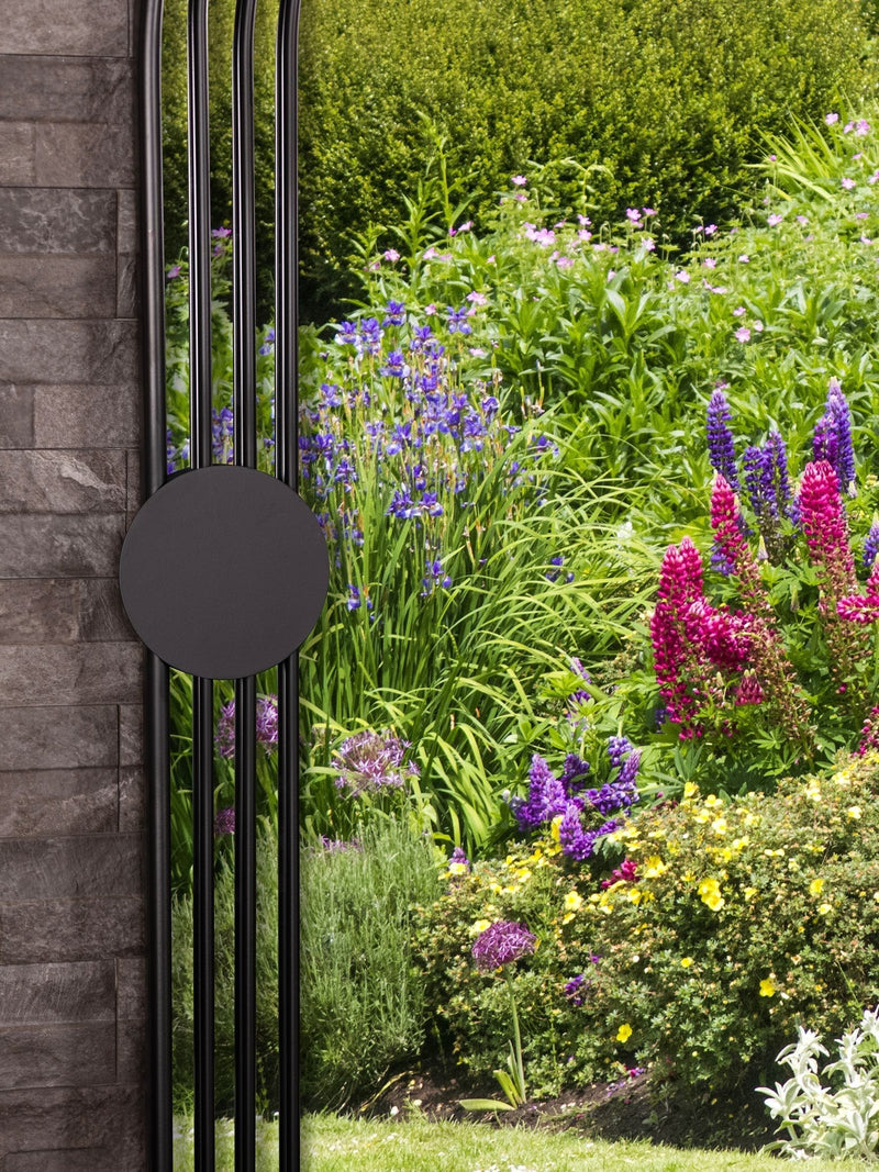 Charles Bentley black arch mirror outdoor design, imported from the UK