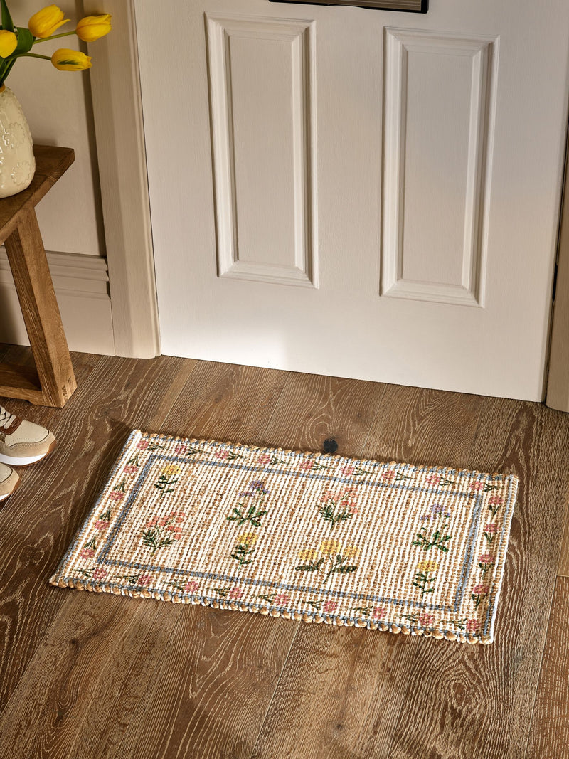 Natural MAISIE floral border jute doormat (British brand)