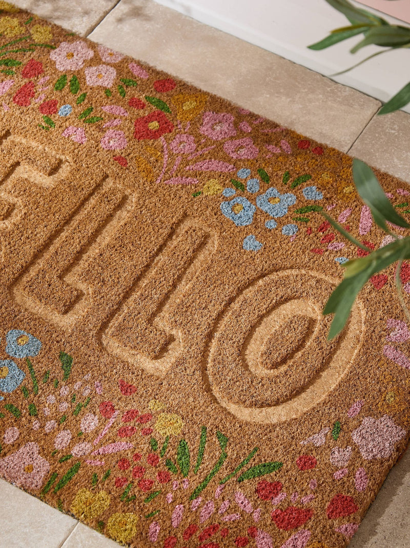 Hello floral embossed coir doormat - British product
