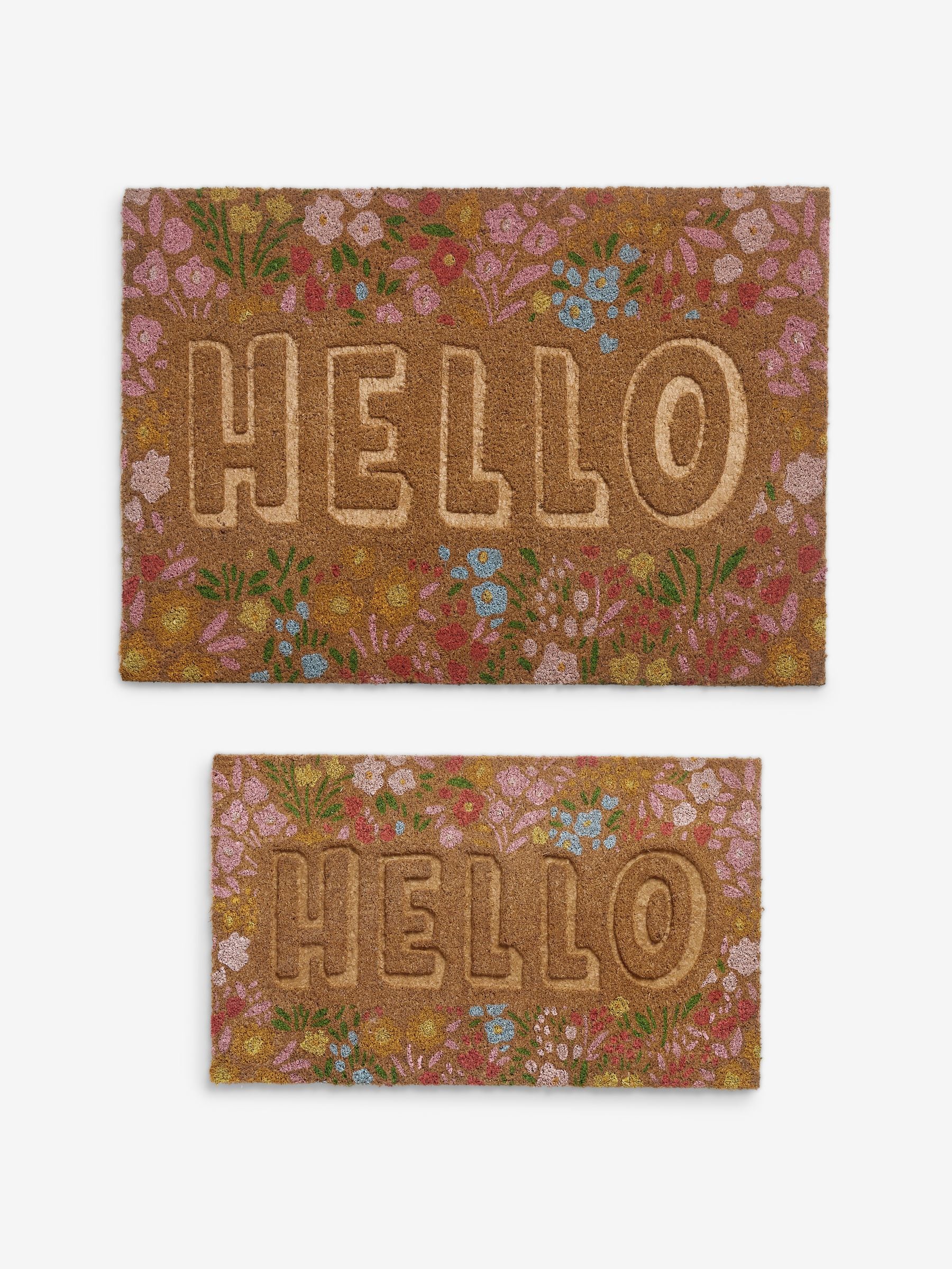 Hello floral embossed coir doormat - British product