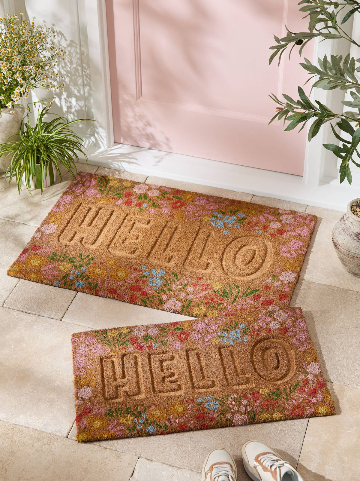 Hello floral embossed coir doormat - British product