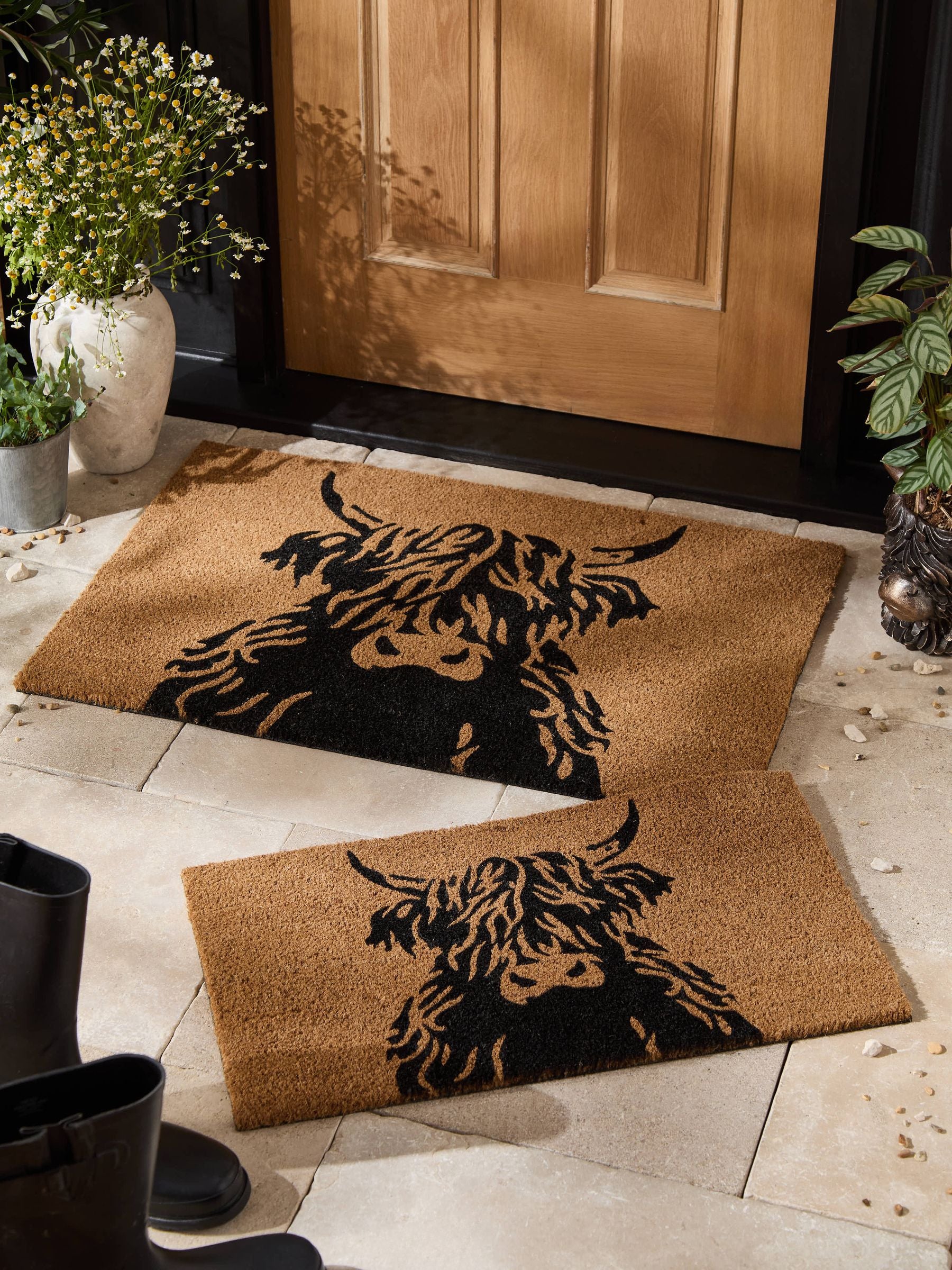 Coir doormat with Hamish the Highland Cow design, imported from the UK