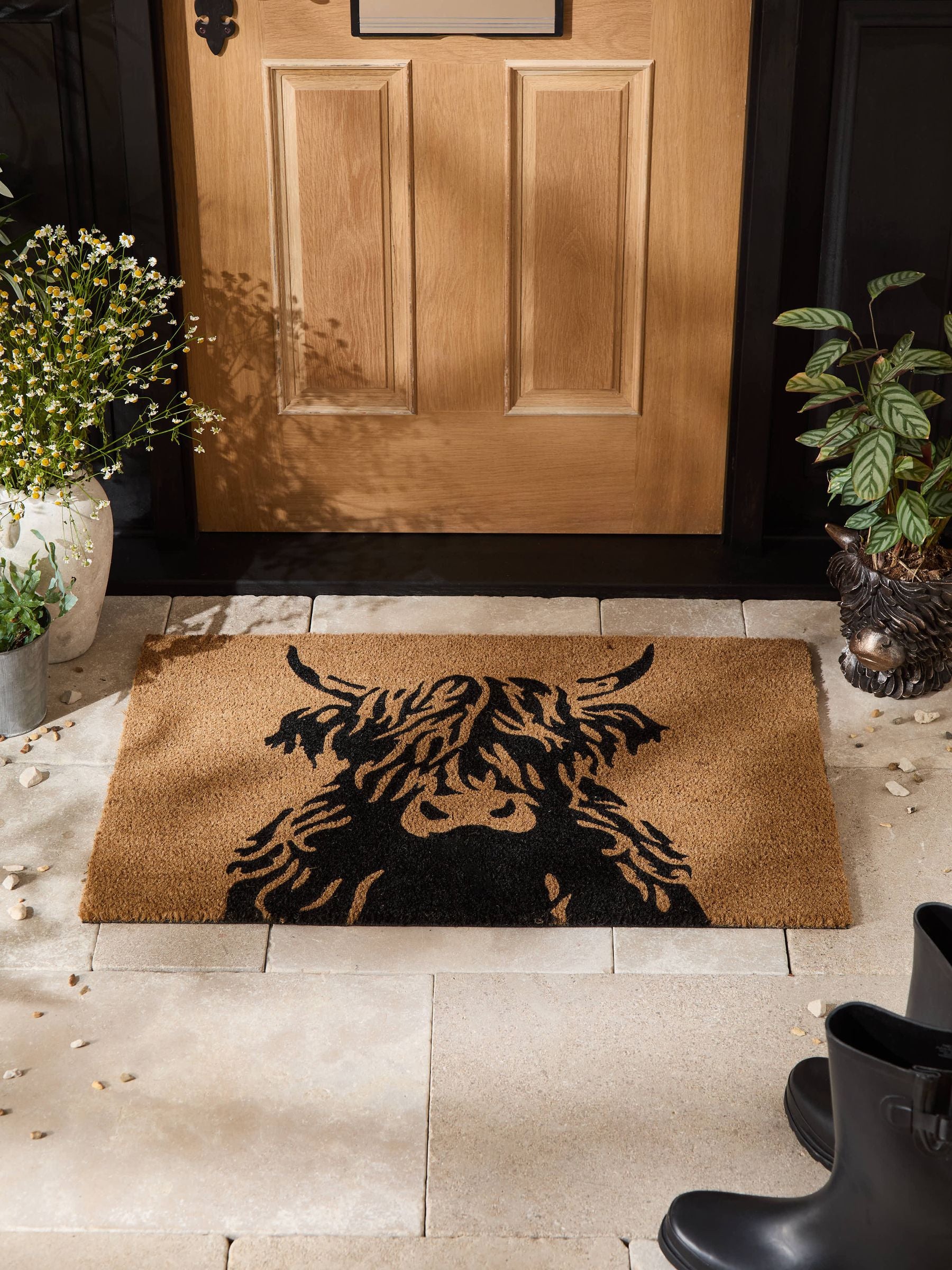 Coir doormat with Hamish the Highland Cow design, imported from the UK