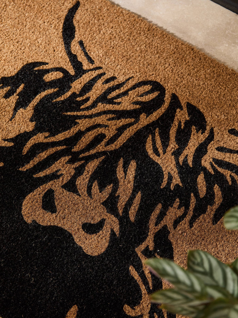 Coir doormat with Hamish the Highland Cow design, imported from the UK