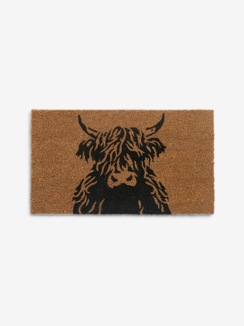 Coir doormat with Hamish the Highland Cow design, imported from the UK