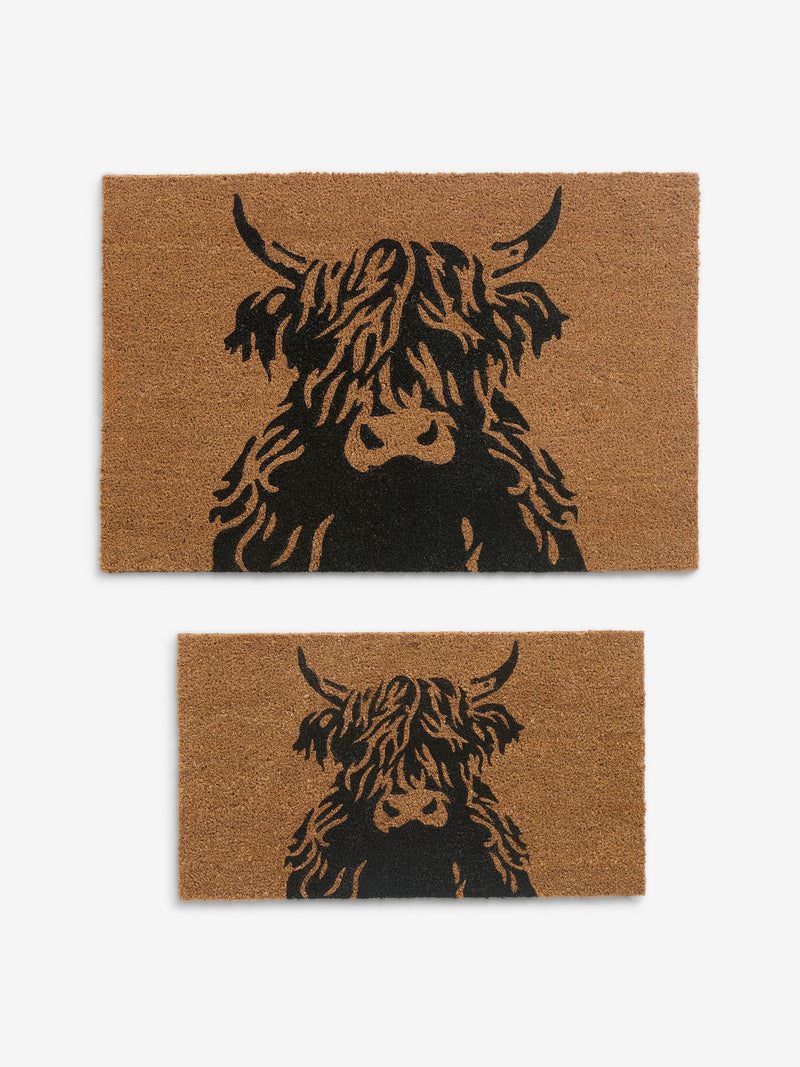Coir doormat with Hamish the Highland Cow design, imported from the UK