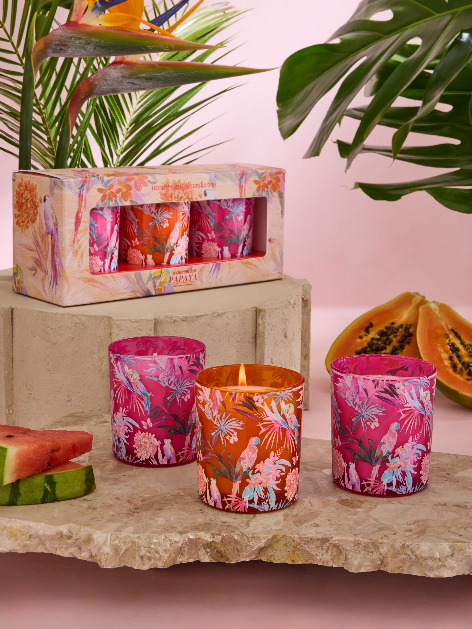 Watermelon Papaya Tropical Floral Set of 3 Candle