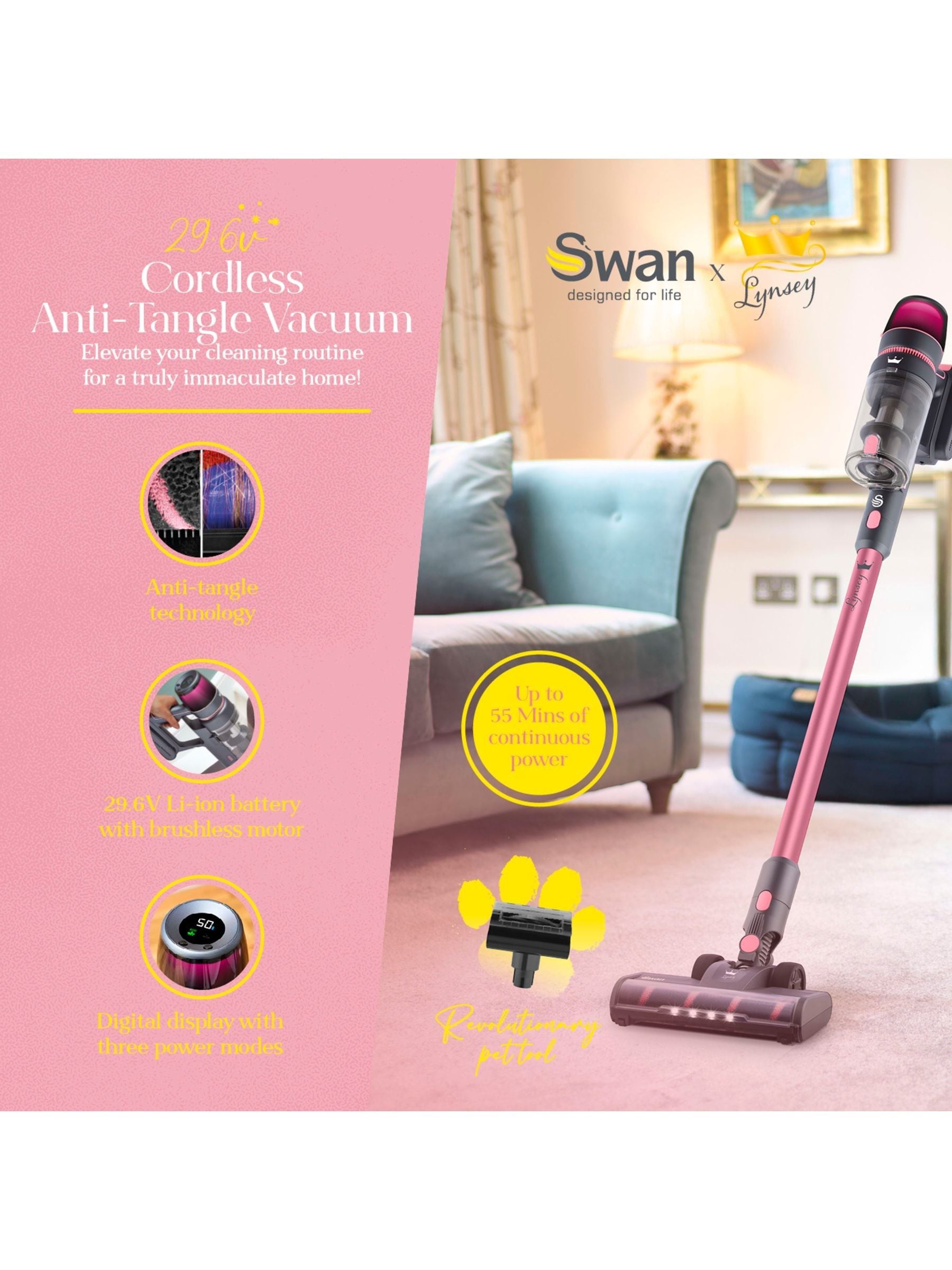 Swan pink cordless stick vacuum, UK version