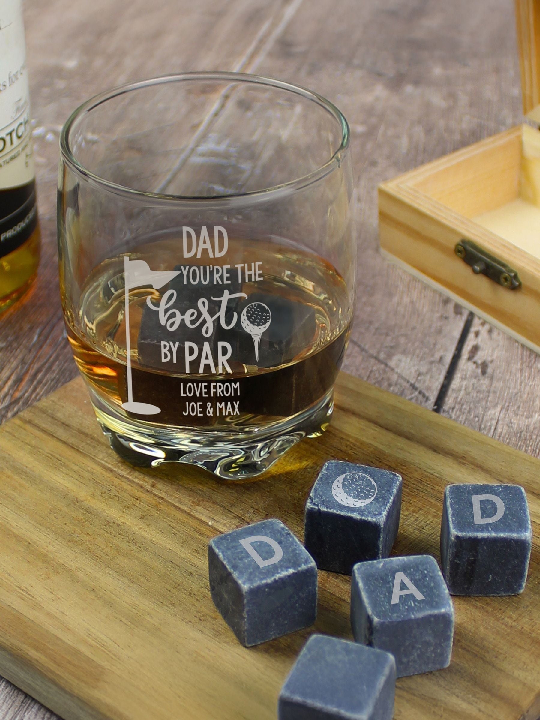 PMC personalised whisky glass and stone set (British brand)
