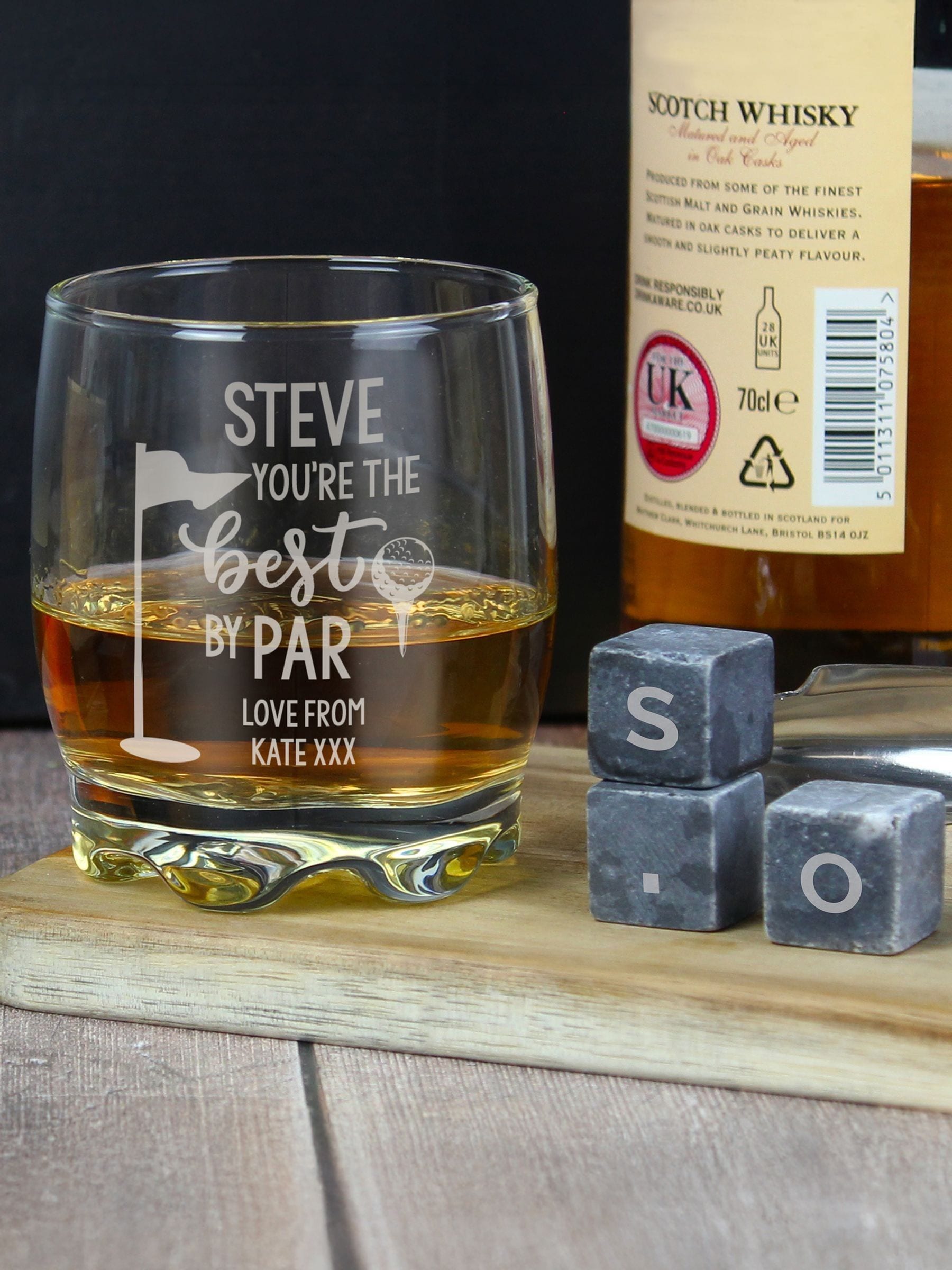 PMC personalised whisky glass and stone set (British brand)