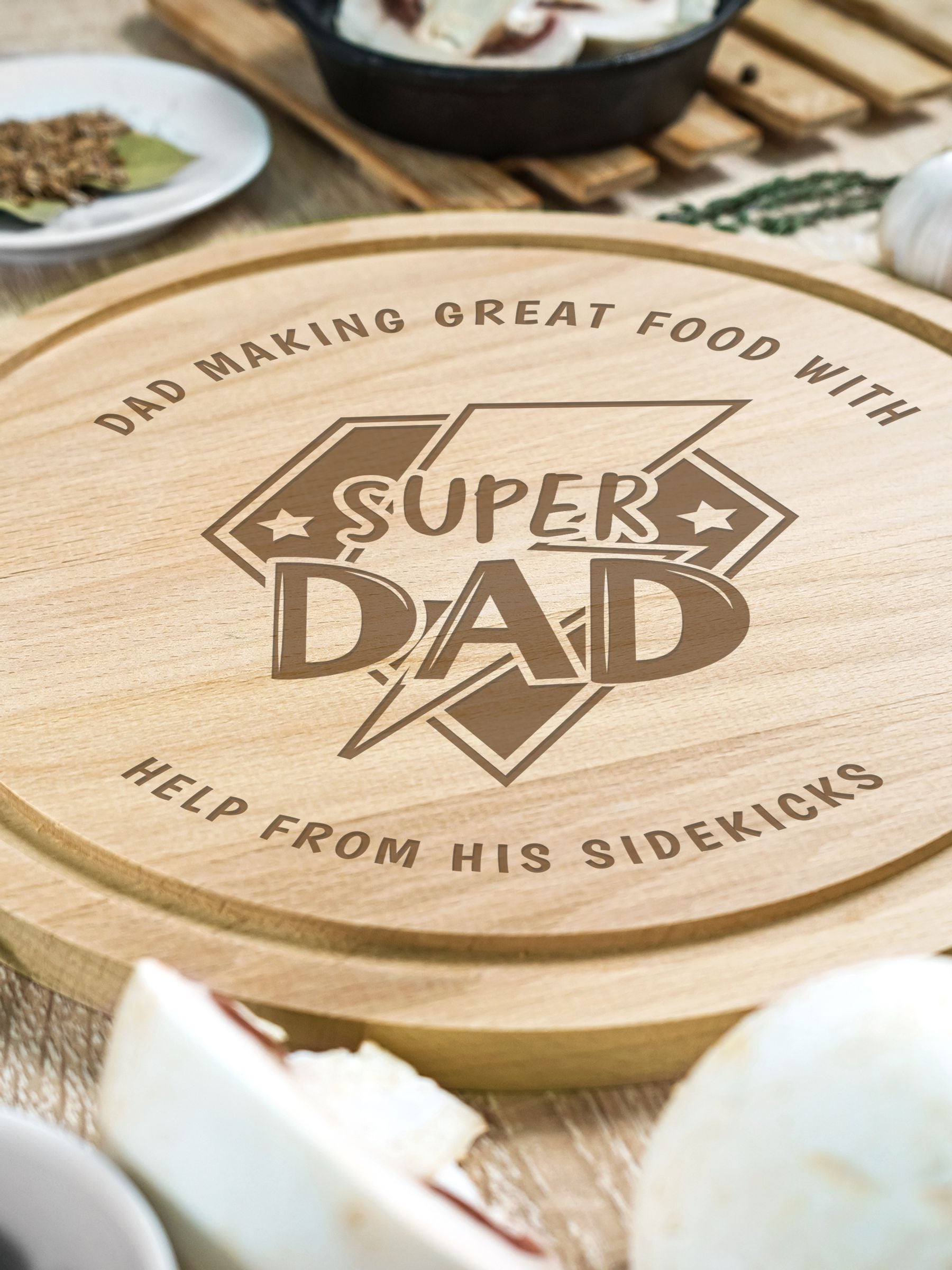 Personalised Super Dad wooden chopping board, UK version