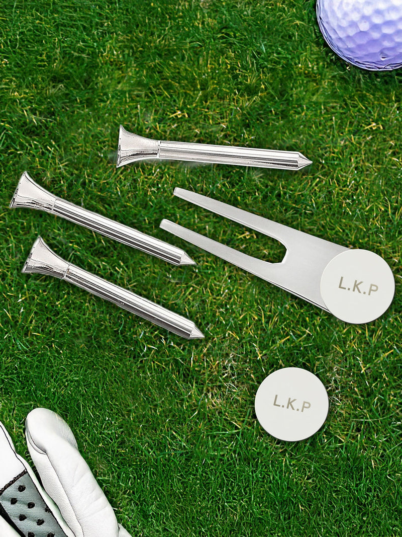 Personalised golf set with engraved ball markers, UK version