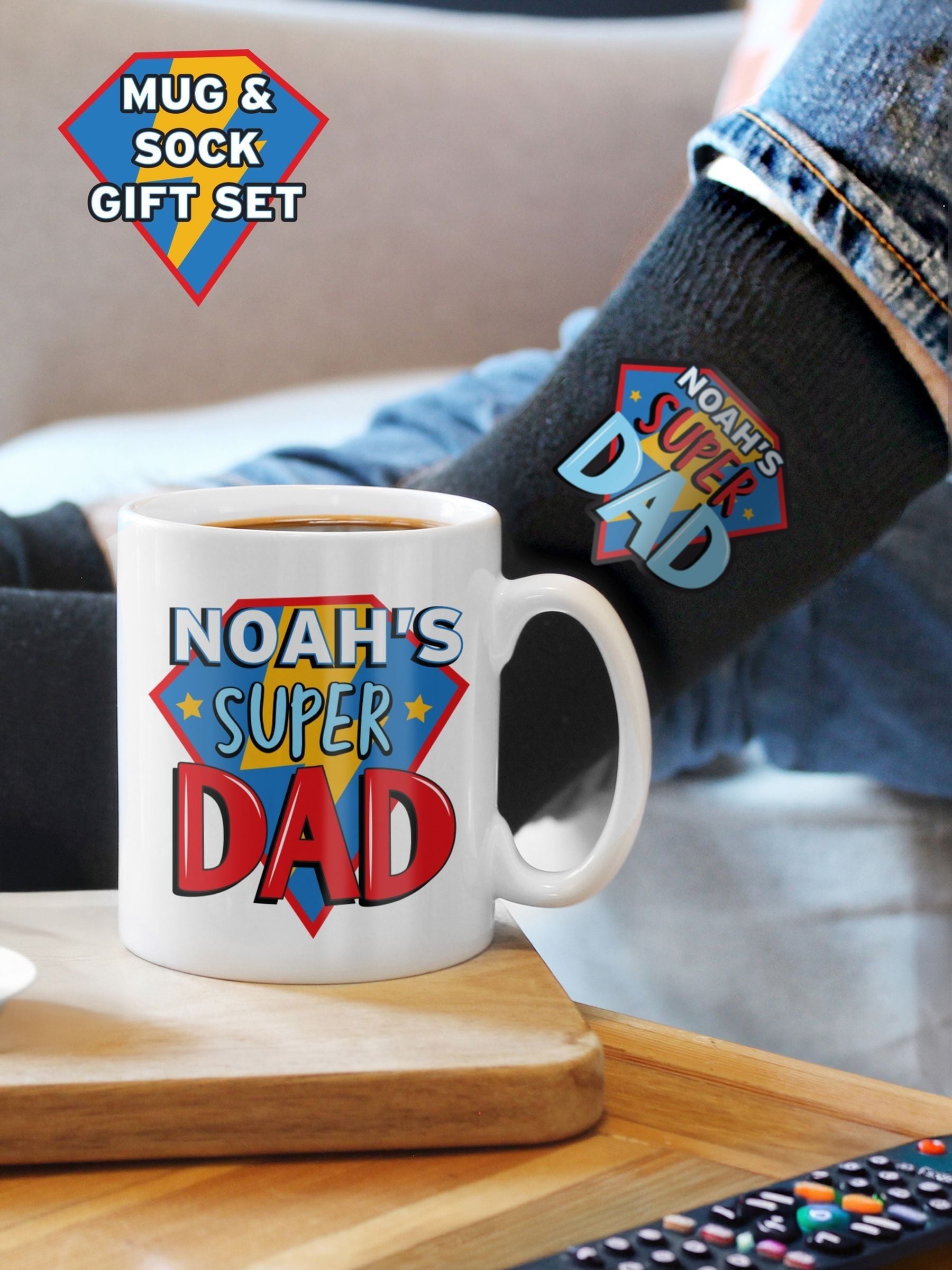 PMC Super Dad personalised mug and socks, UK version