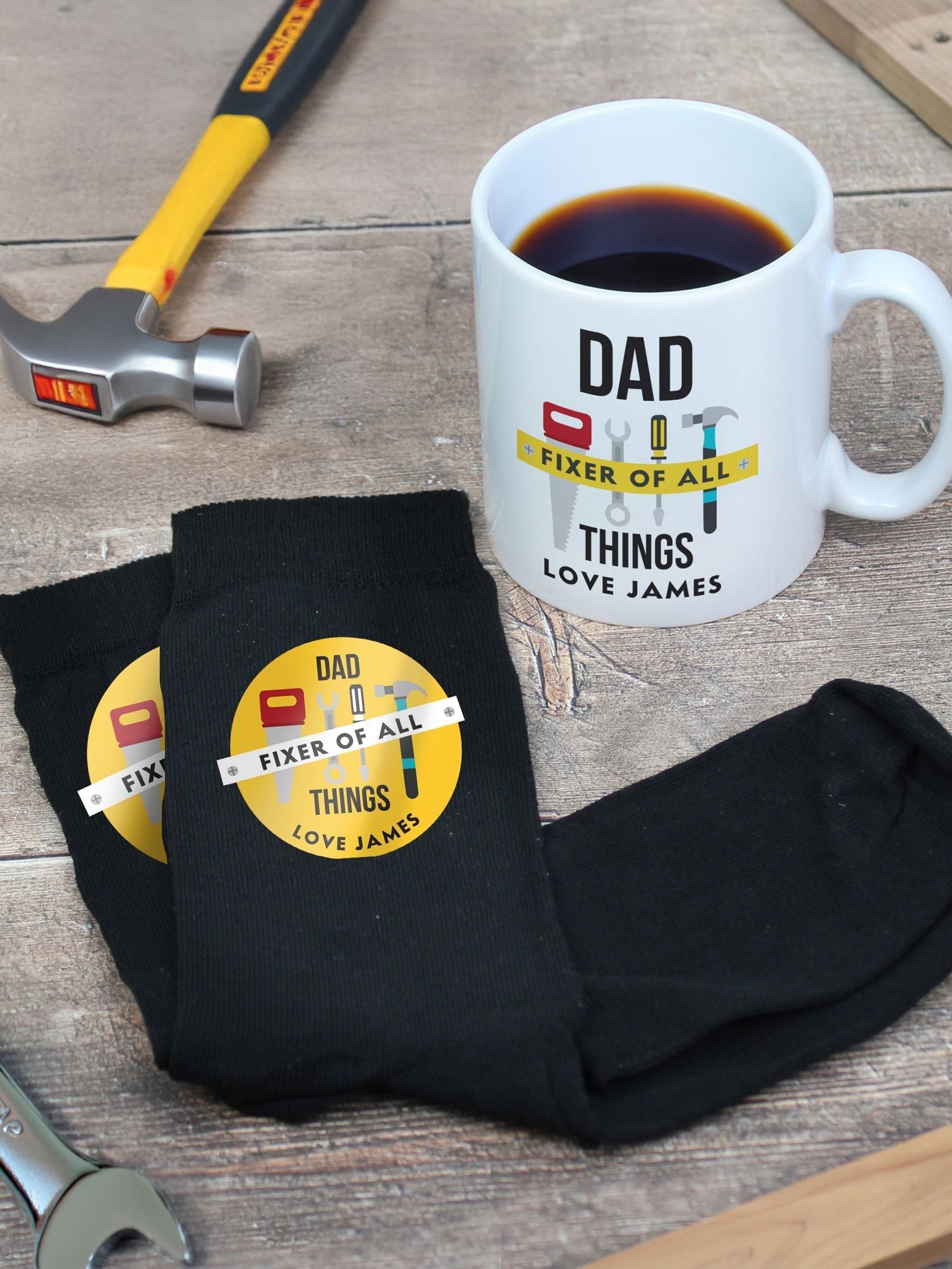 Personalised Fixer of All Things mug and socks, imported from the UK