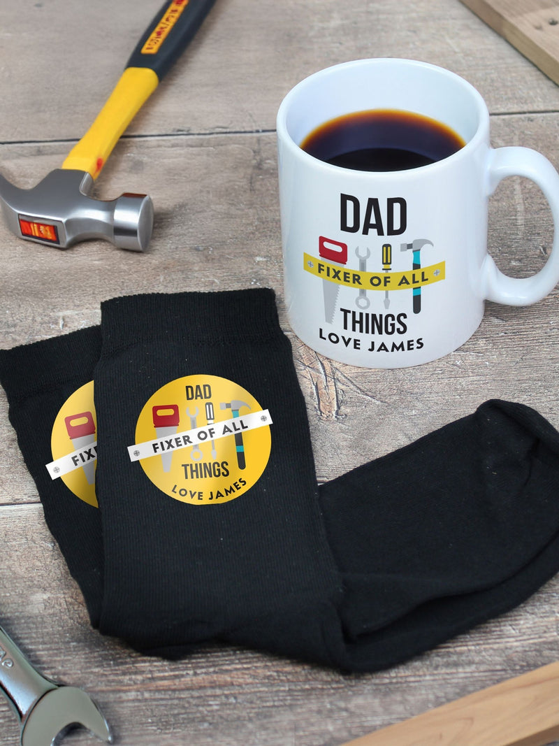 Personalised Fixer of All Things mug and socks, imported from the UK