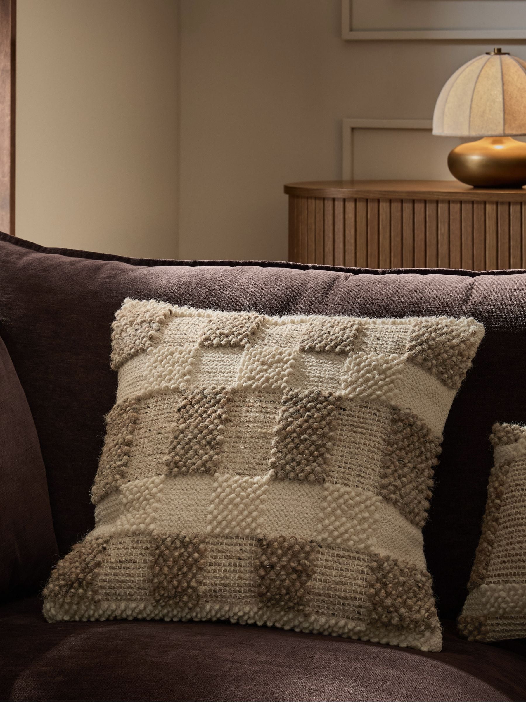 Woven check cushion textured neutral 50x50cm, imported from the UK