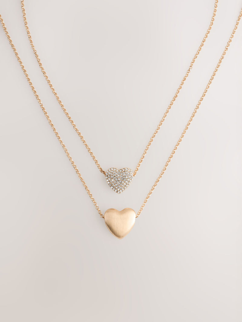 Gold tone two row pavé heart necklace - British product