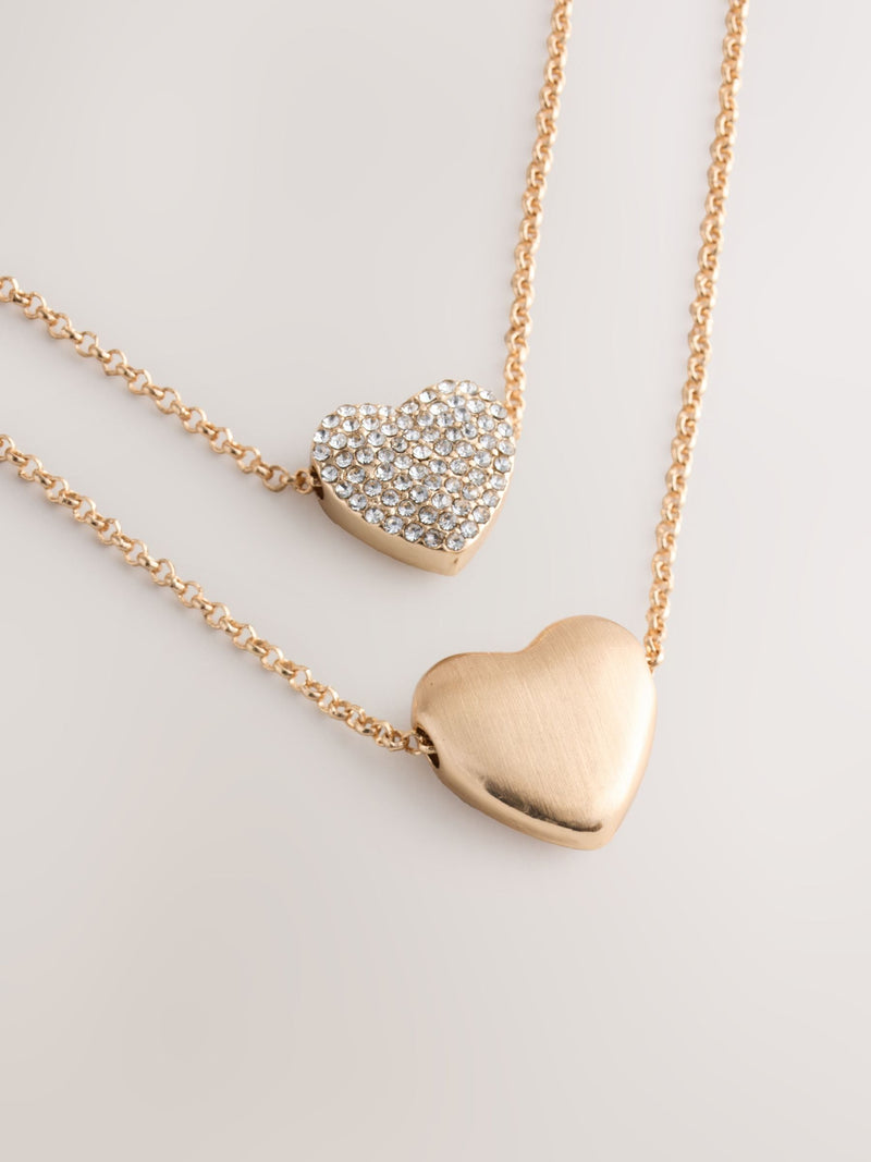 Gold tone two row pavé heart necklace - British product