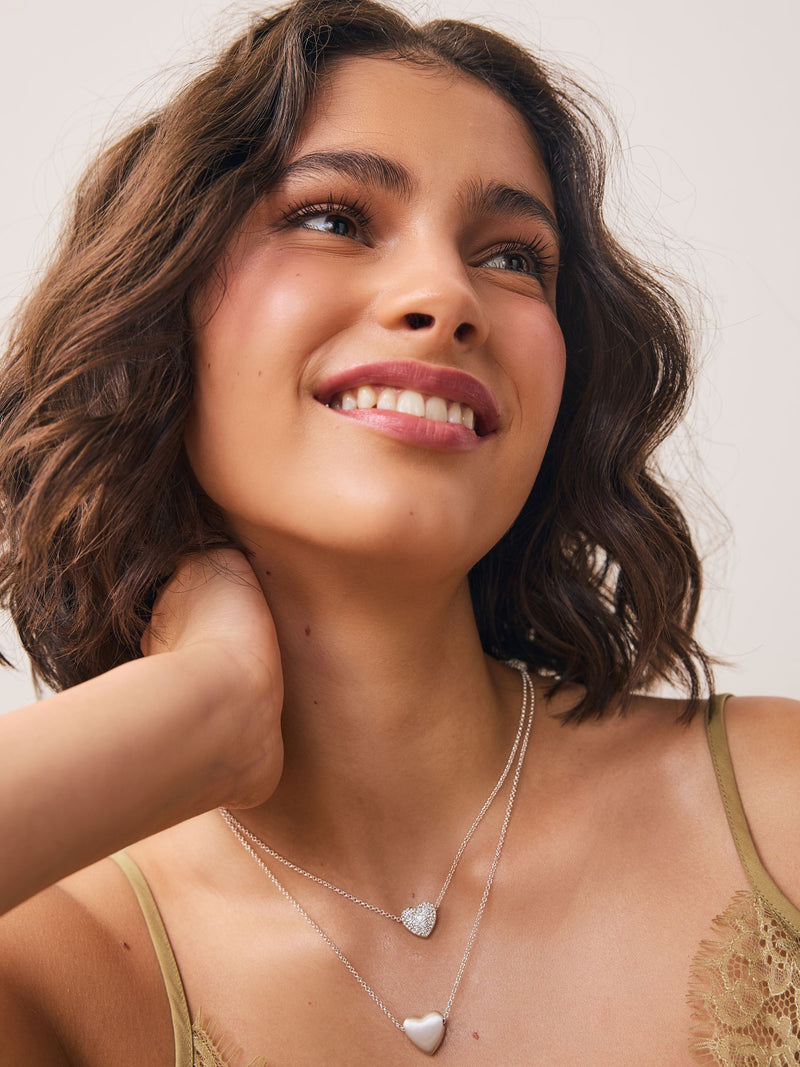 Silver Tone Two Row Pavé Heart Necklace