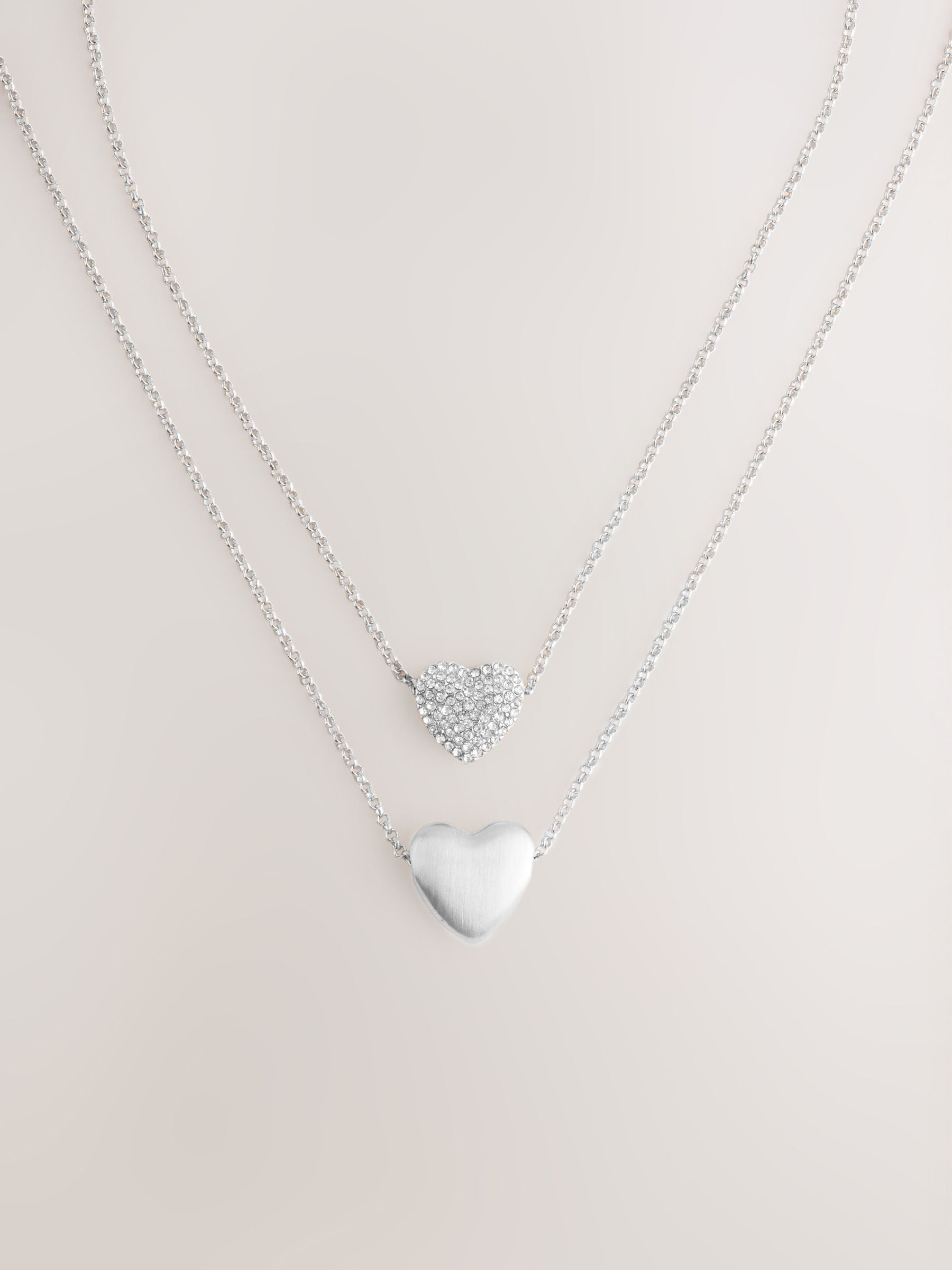 Silver Tone Two Row Pavé Heart Necklace