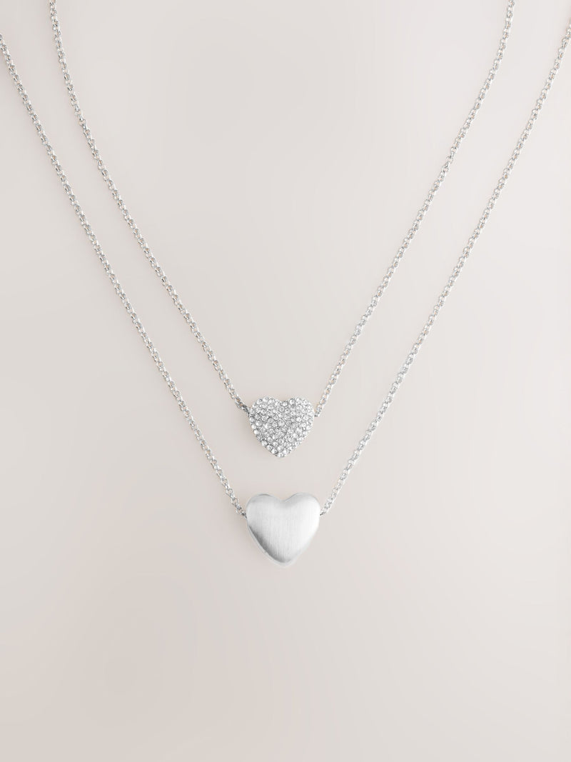 Silver Tone Two Row Pavé Heart Necklace