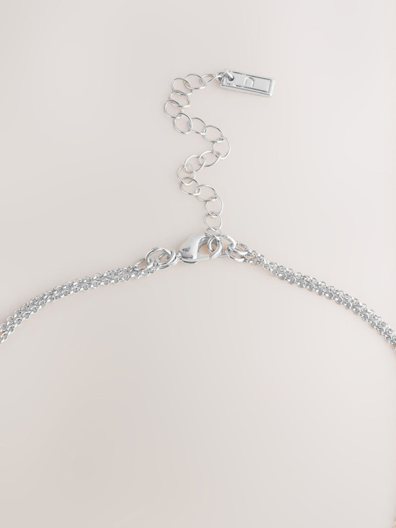 Silver Tone Two Row Pavé Heart Necklace
