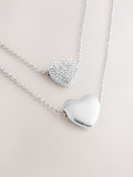 Silver Tone Two Row Pavé Heart Necklace