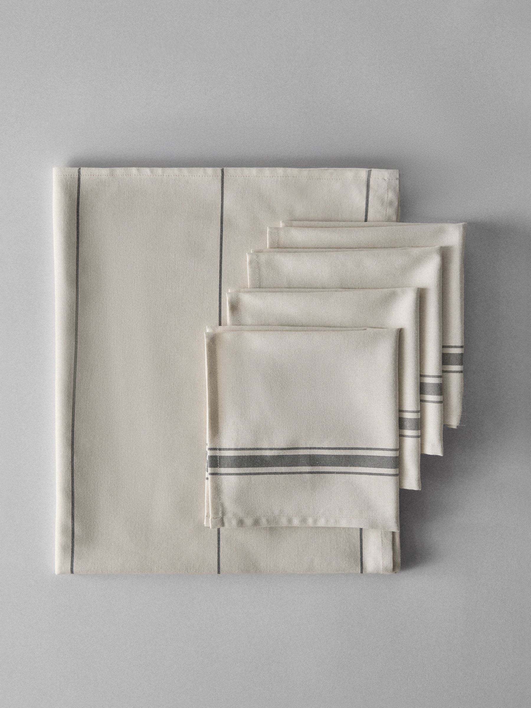THE SET cream grey stripe tablecloth and napkins, imported from the UK