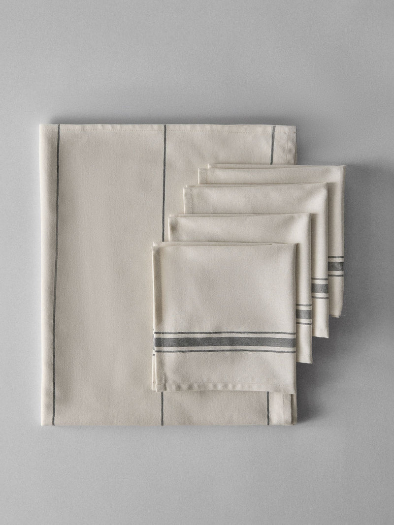THE SET cream grey stripe tablecloth and napkins, imported from the UK