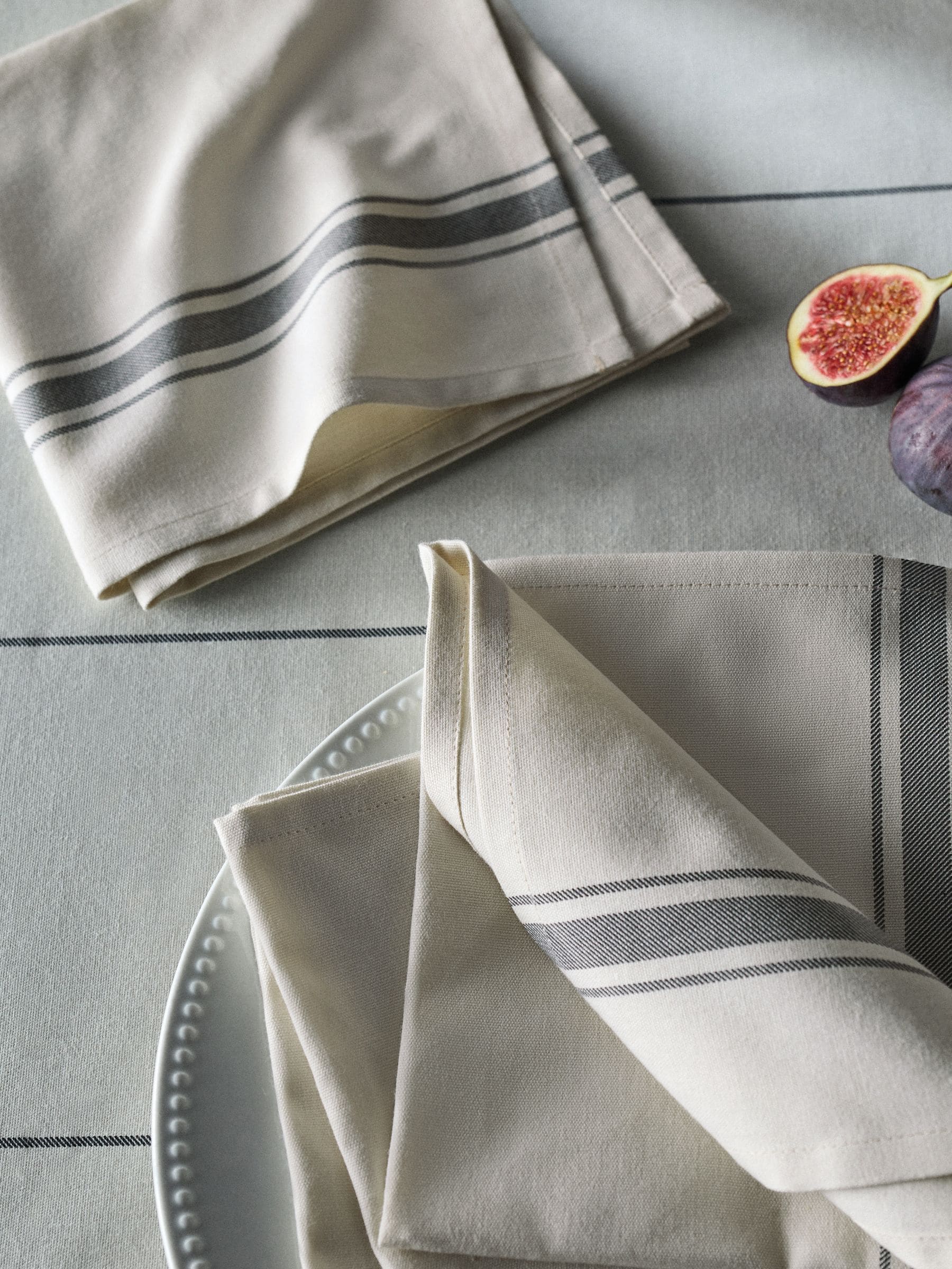 THE SET cream grey stripe tablecloth and napkins, imported from the UK