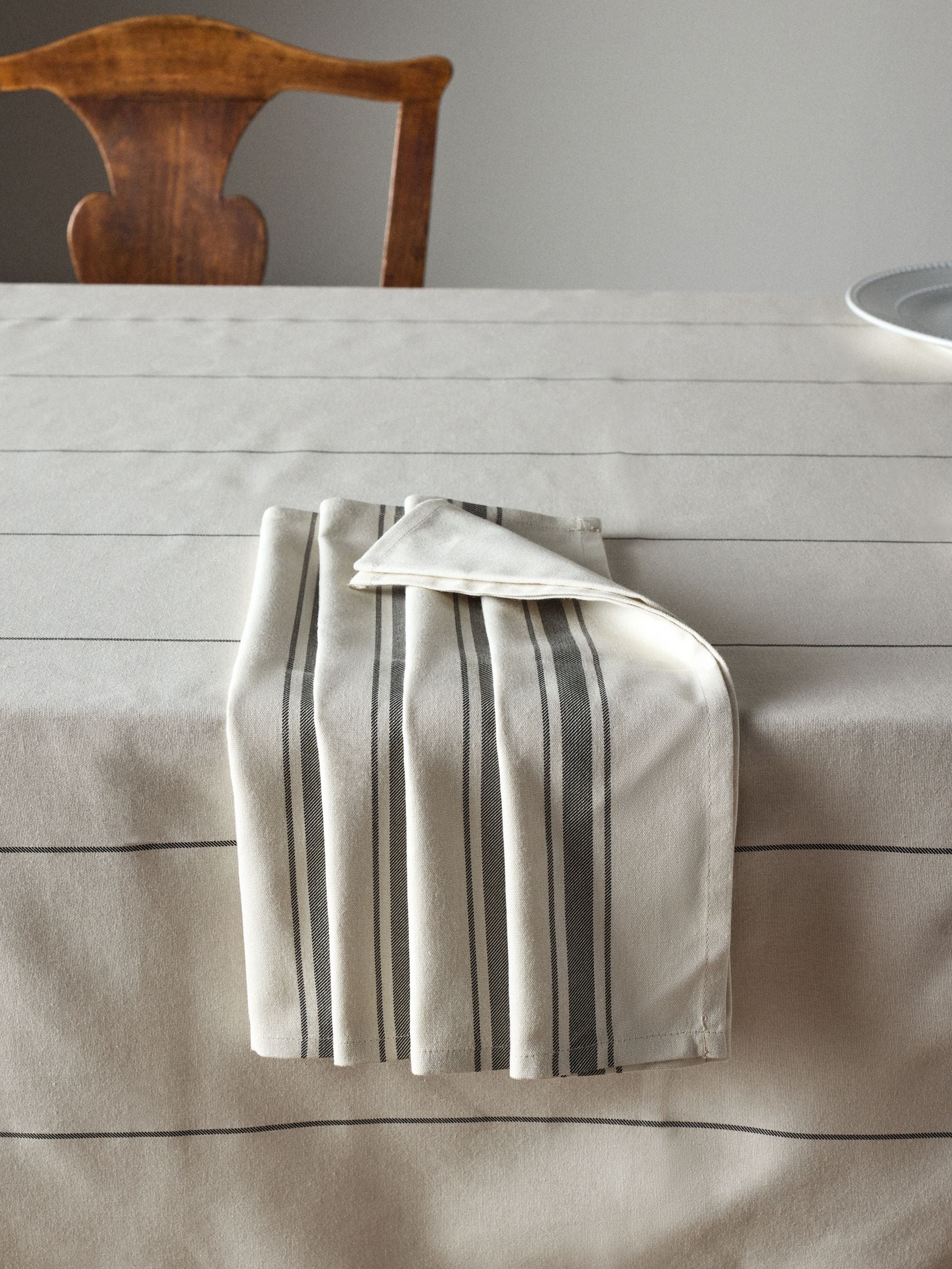 THE SET cream grey stripe tablecloth and napkins, imported from the UK