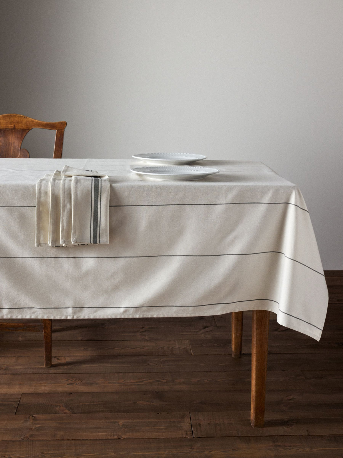 THE SET cream grey stripe tablecloth and napkins, imported from the UK